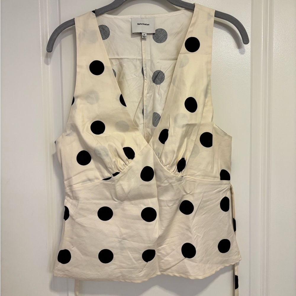 Reformation Cream Black Polka Dot Deep V Tie Waist Top Size 6